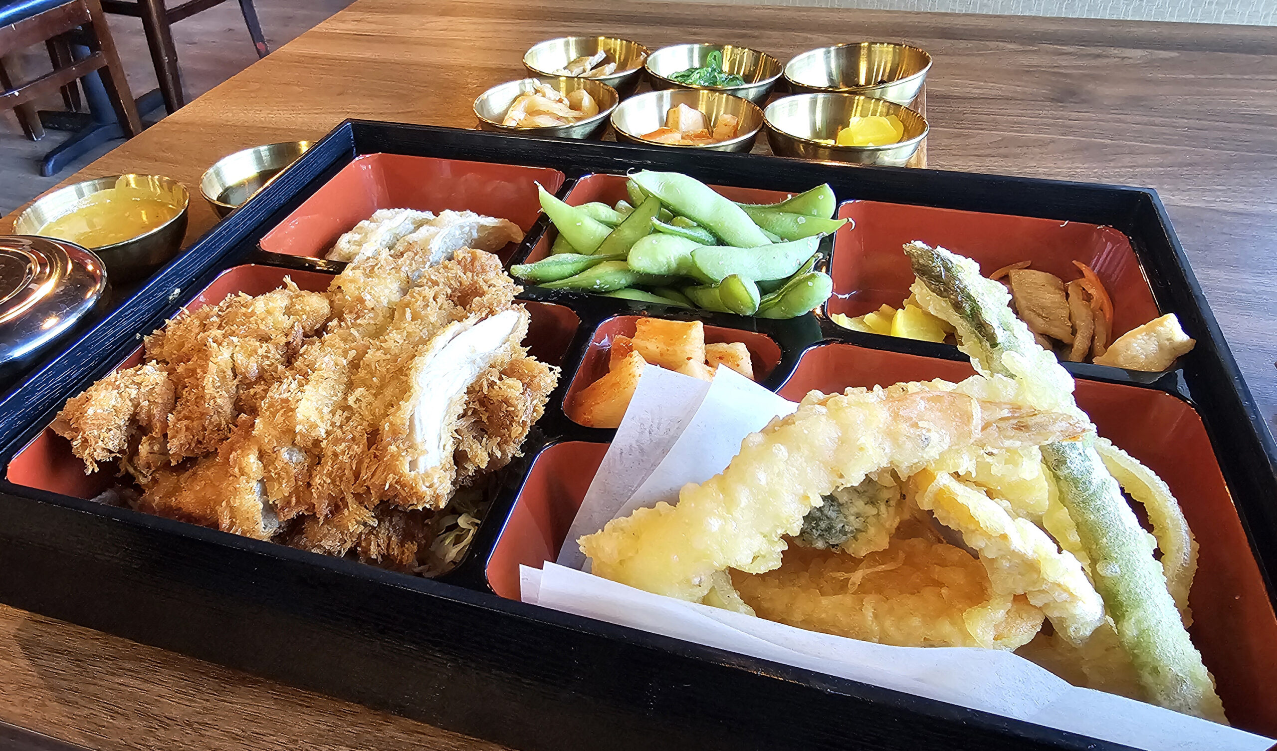 Bento box with chicken katsu and tempura in Santa Rosa at Seoul to Tokyo Kitchen. (Heather Irwin / Sonoma Magazine)