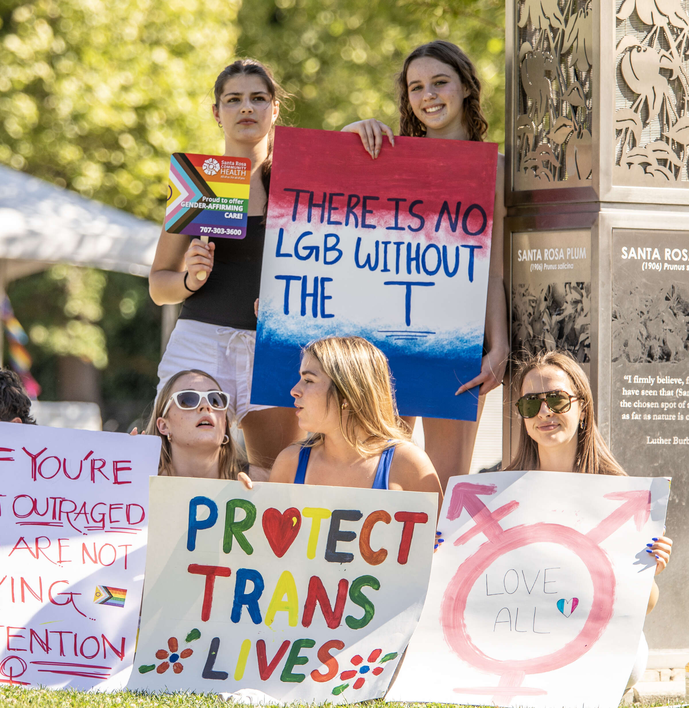 Messages of support displayed by participants during Sonoma County Pride's Transgender Rally For Our Rights event in Santa Rosa’s Courthouse Square