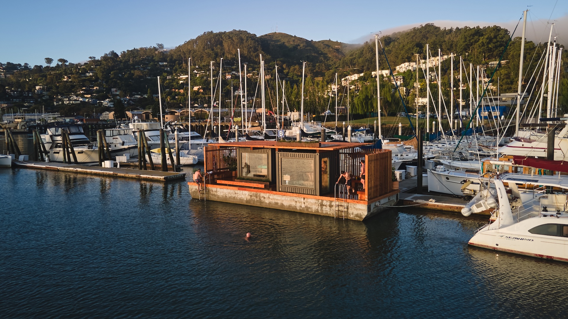 Exterior of floating sauna at a marina in Sausalito, California.