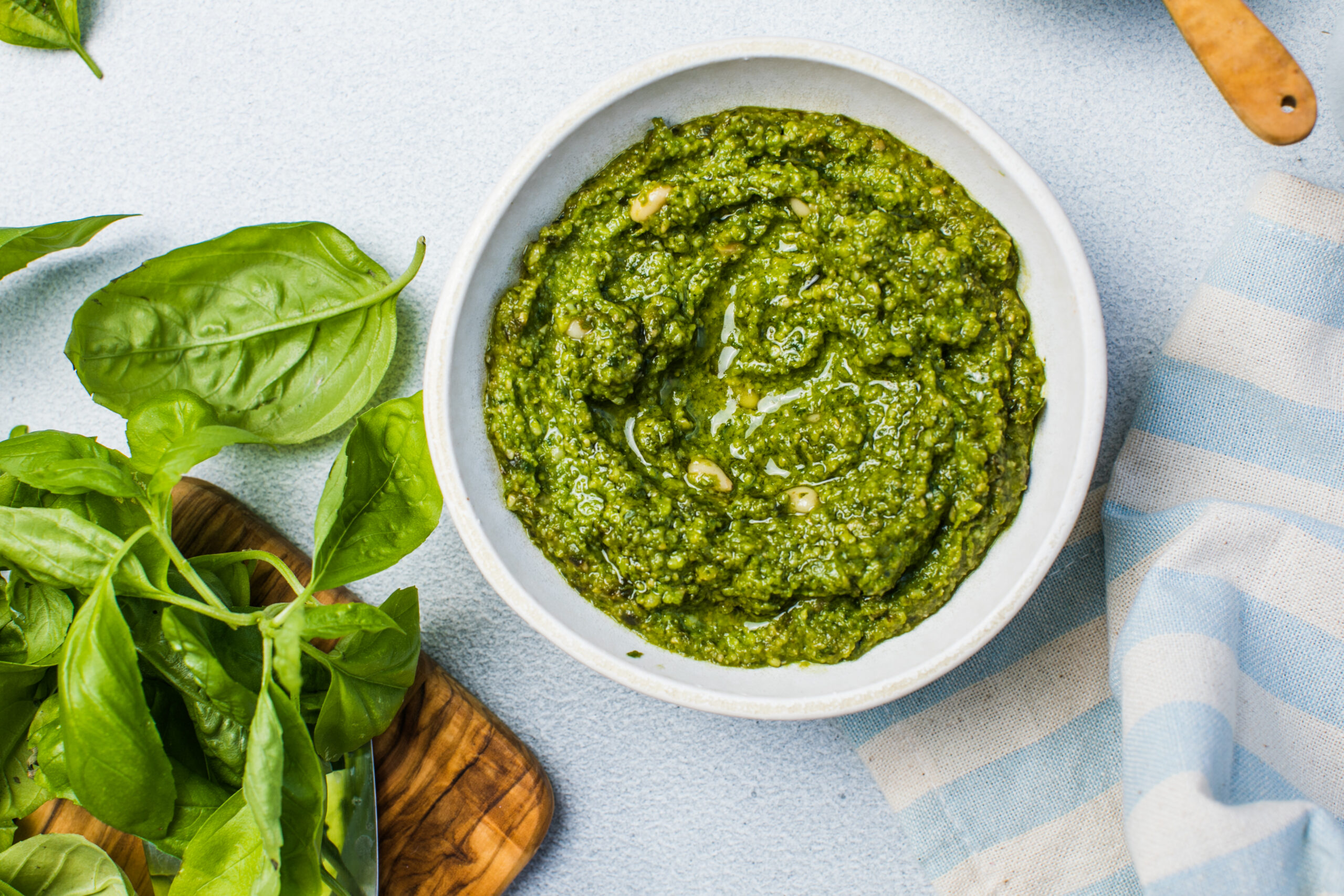 Pesto and basil leaves