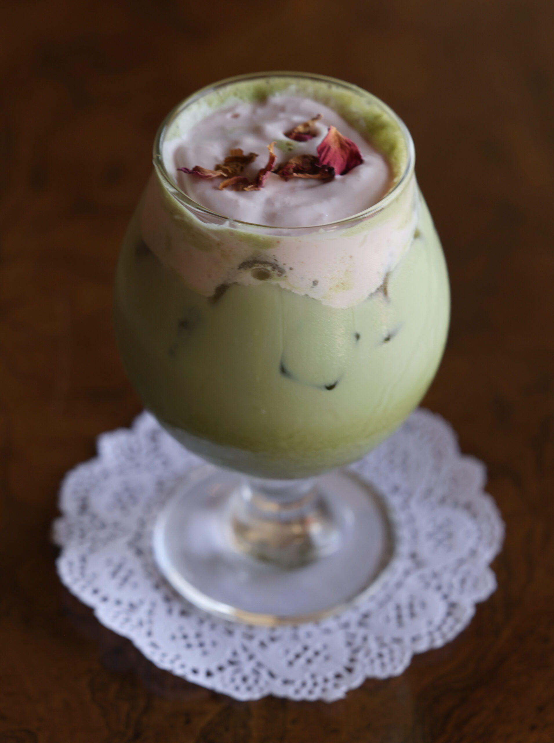 A matcha green tea latte topped with a strawberry cold foam at Sandpino’s Coffee and Brews in Rohnert Park