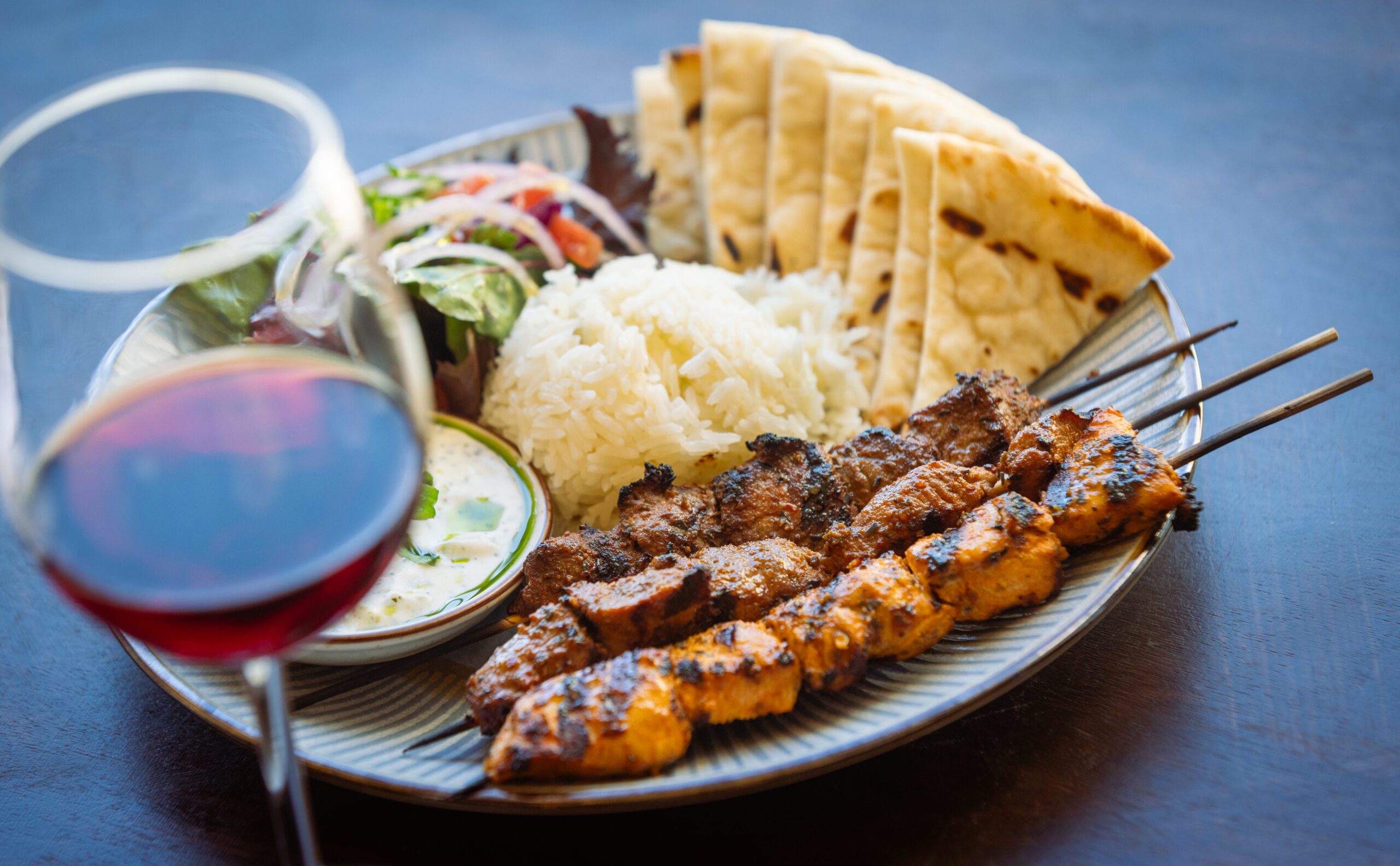 Mixed Skewer Plate with chicken, lamb and beef from Alesta Modern Mediterranean Wednesday, June 3, 2026 in Sebastopol. (John Burgess/The Press Democrat)