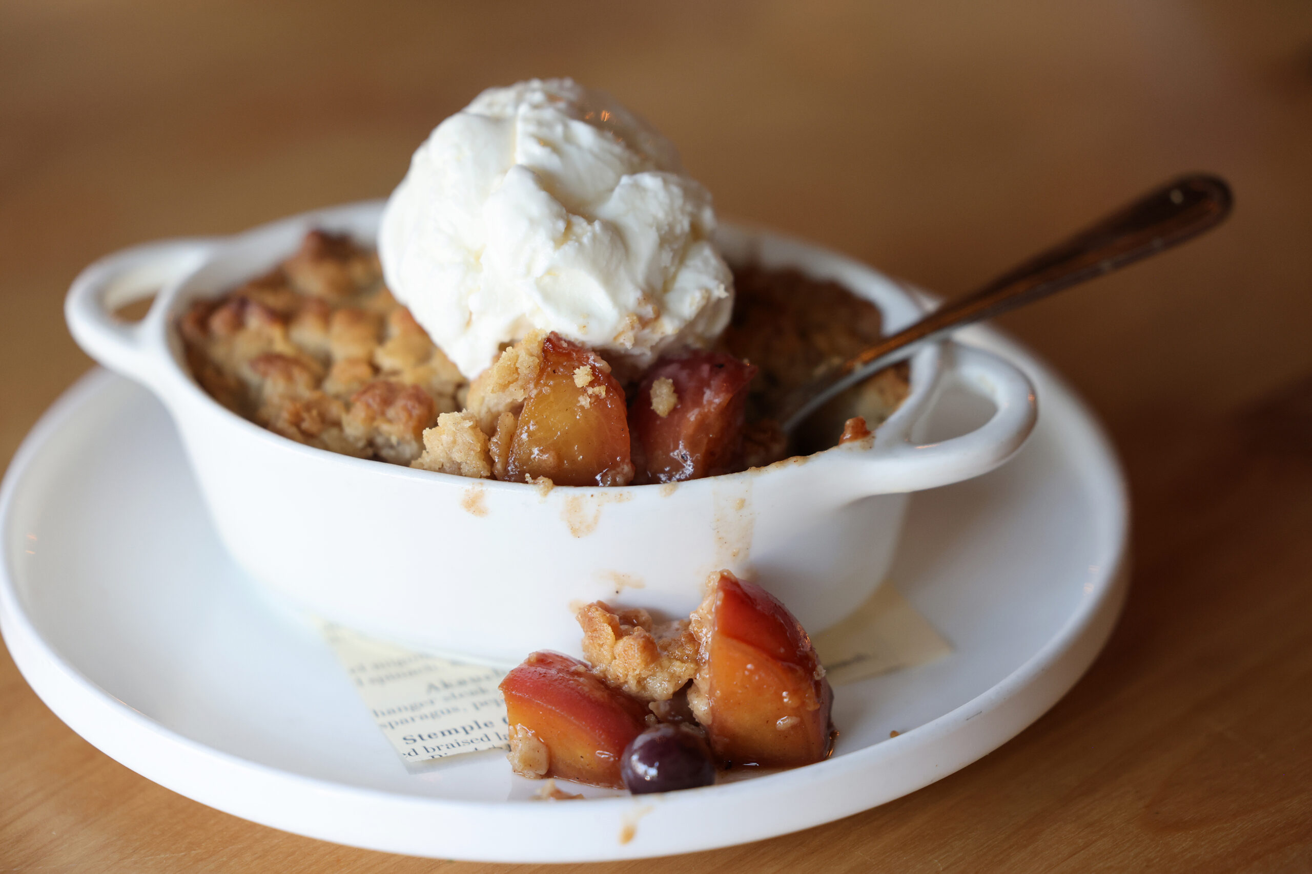 The peach and blueberry crumble with vanilla ice cream at Seared in Petaluma