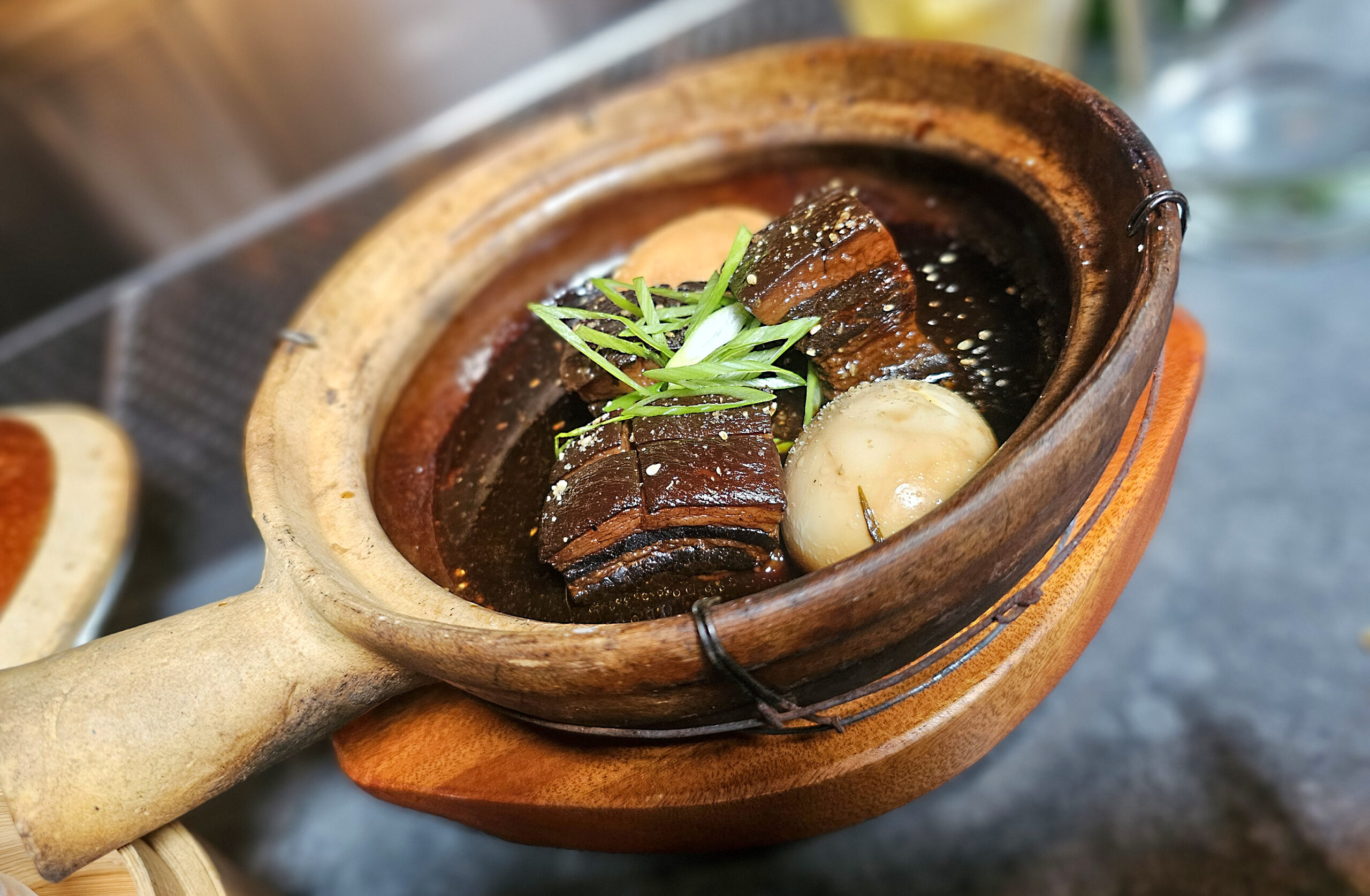 Braised pork belly in a clay pot from the Bazaar Sonoma team's Mei Mei pop-up in Healdsburg.