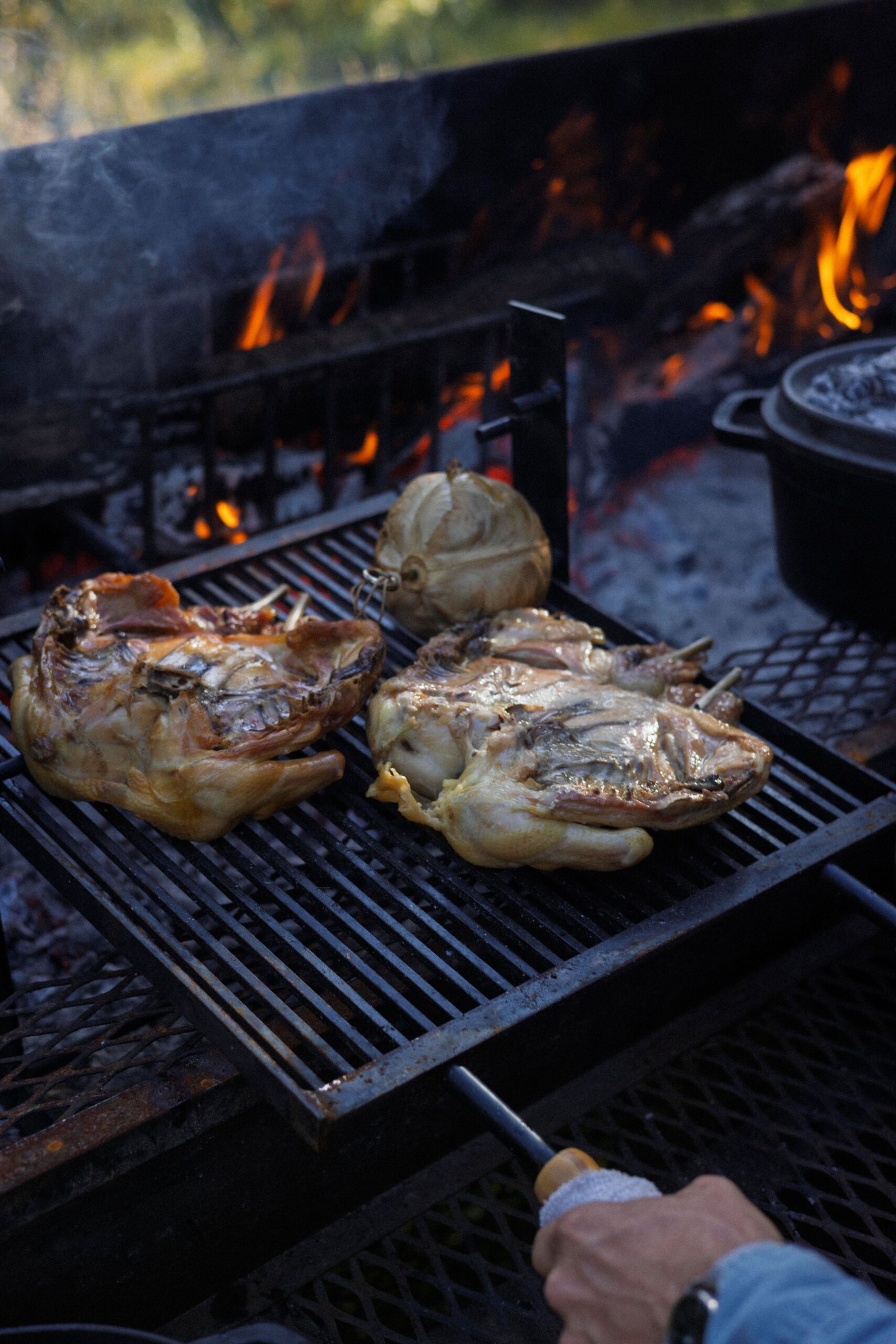 Chef Lee Desrosiers slow-roasts his signature "Hell Chicken" over hot embers, then transfers it to a Dutch oven to braise before moving them back to the grill. (Conor Hagen)