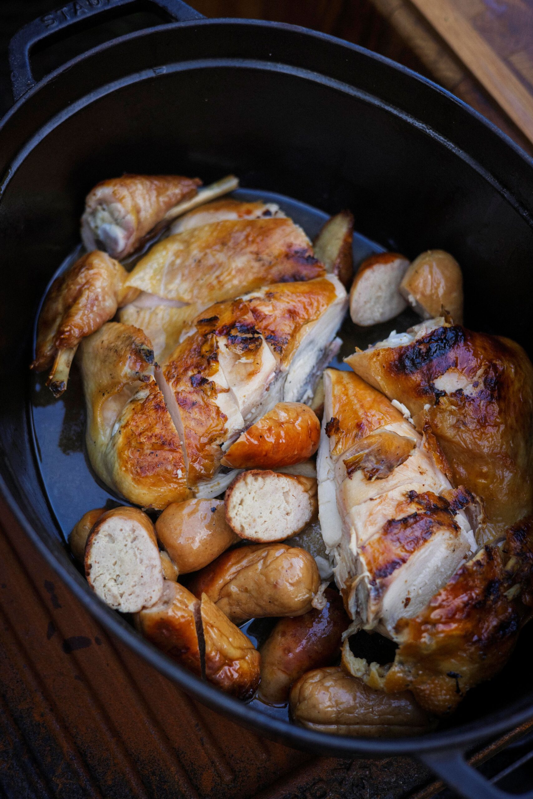 The signature dish at Lee Desrosiers' outdoor dinners is "Hell Chicken"