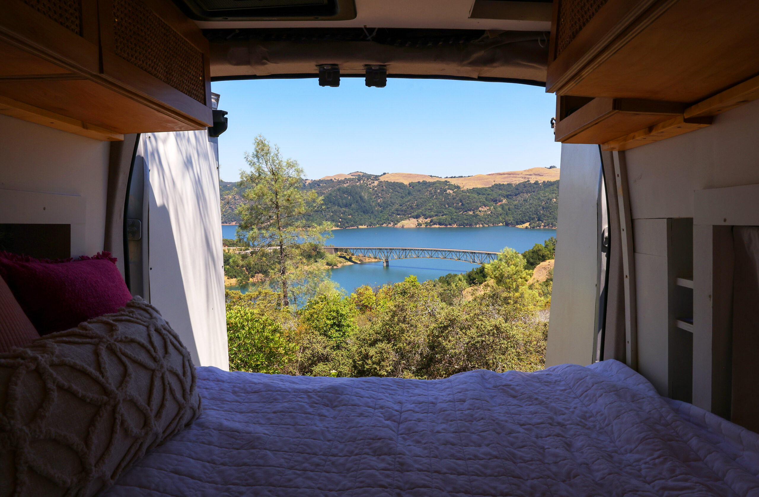 A camper’s outdoor view from the rear of their van at the campgrounds at The Ranch at Lake Sonoma
