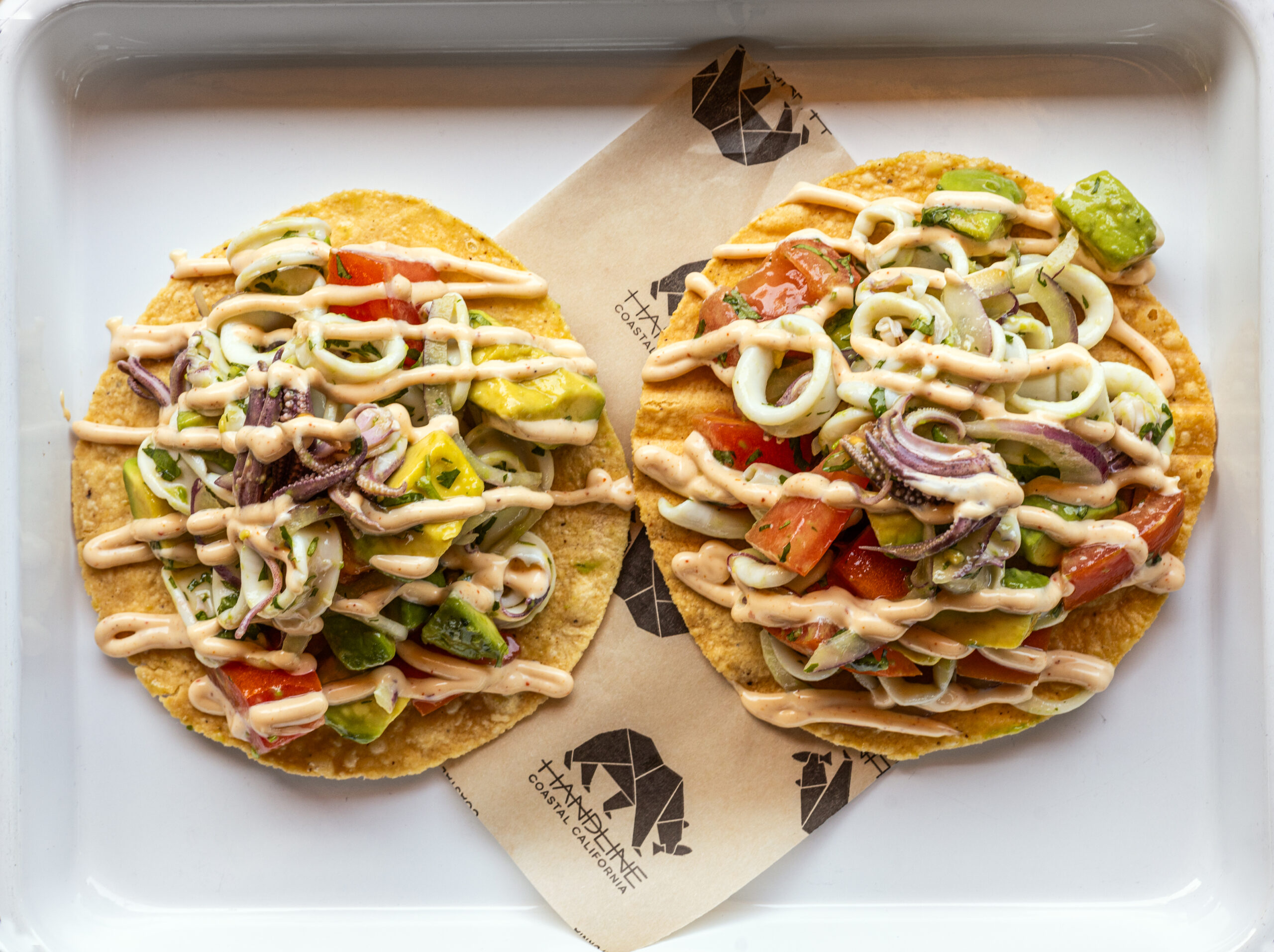 La Sirena Tostada with poached calamari, tomato, avocado, red onion, cilantro, lime and chipotle aioli from Handline Thursday, July 9, 2026 in Sebastopol. (John Burgess/The Press Democrat)