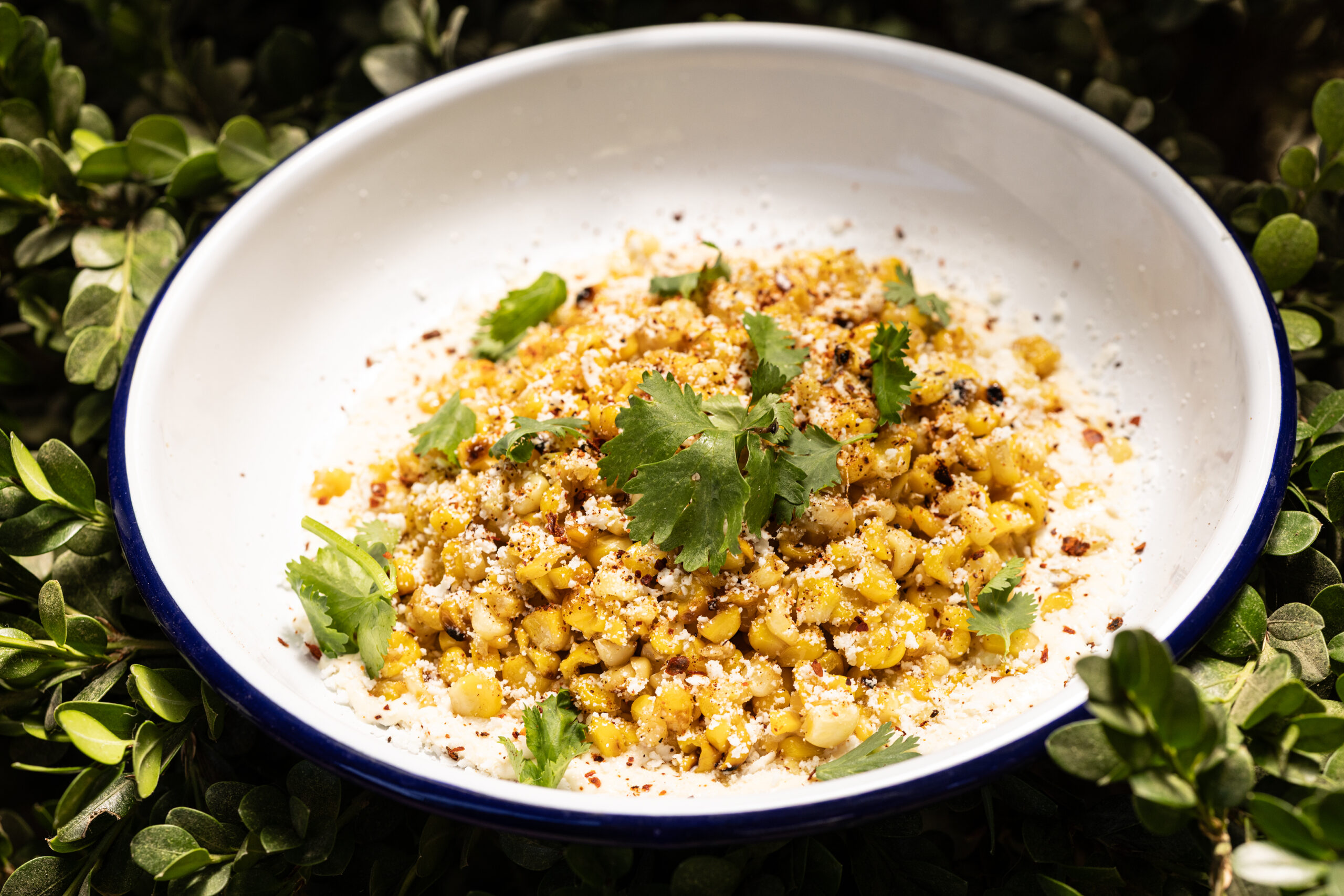 Esquites starts with daily grilled corn, dried chile, lime, cilantro, sheep feta and crema Mexicana from Handline Thursday, July 9, 2026 in Sebastopol. (John Burgess/The Press Democrat)