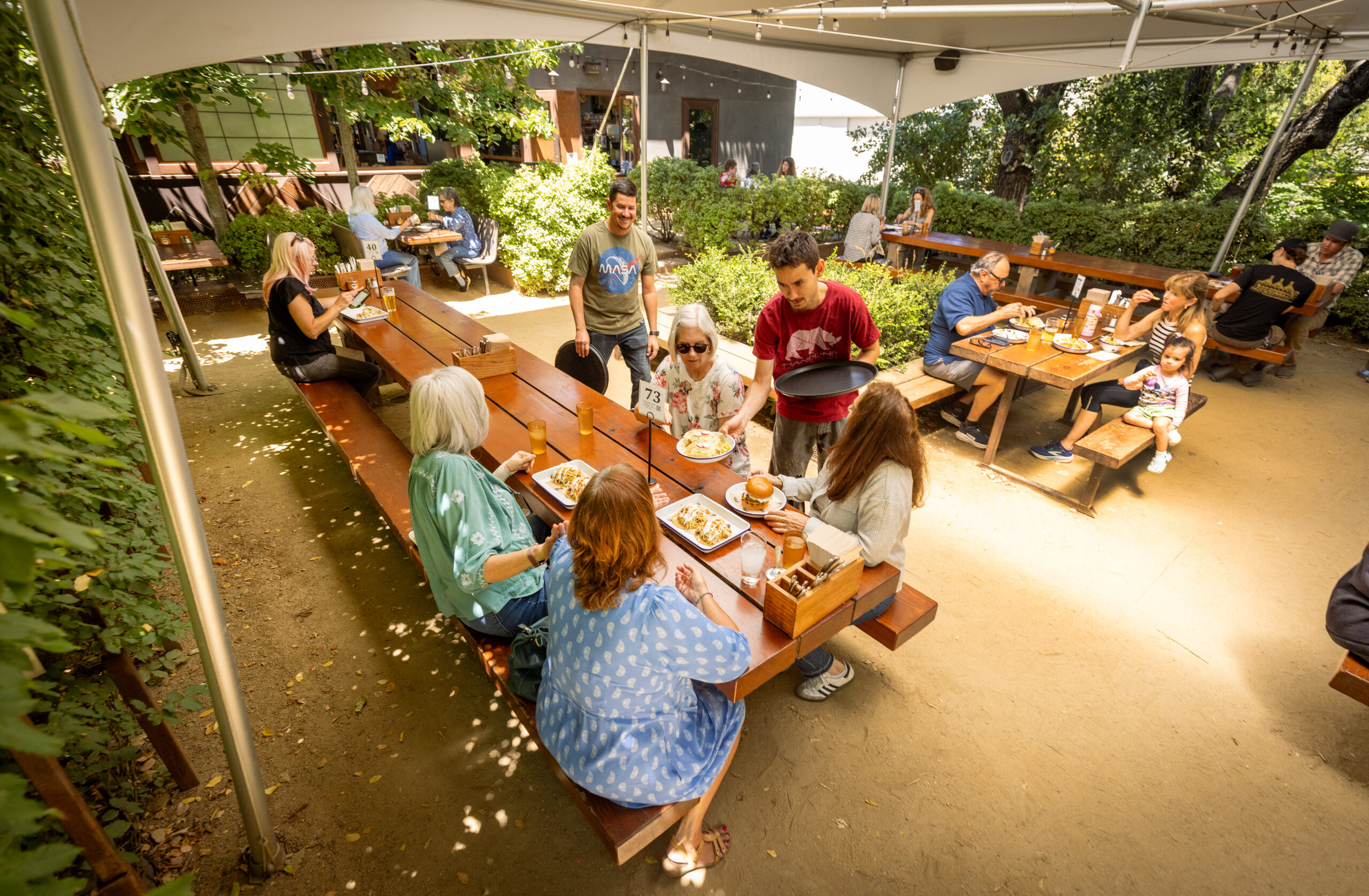 The upper outdoor patio offers plenty of seating at Handline Thursday, July 9, 2026 in Sebastopol. (John Burgess/The Press Democrat)