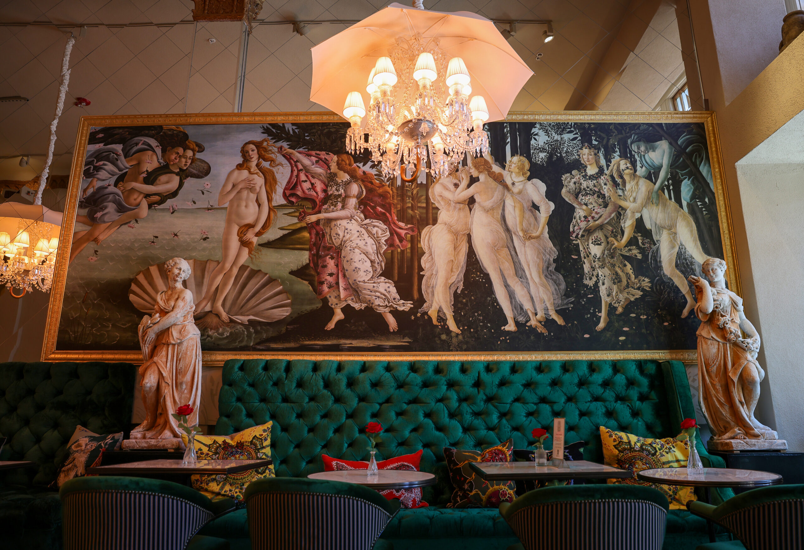 Botticelli’s Venus and the Roman goddess Flora are featured inside the Flora Springs Wine Lounge in Napa on Friday, August 21, 2026. (Christopher Chung/The Press Democrat)