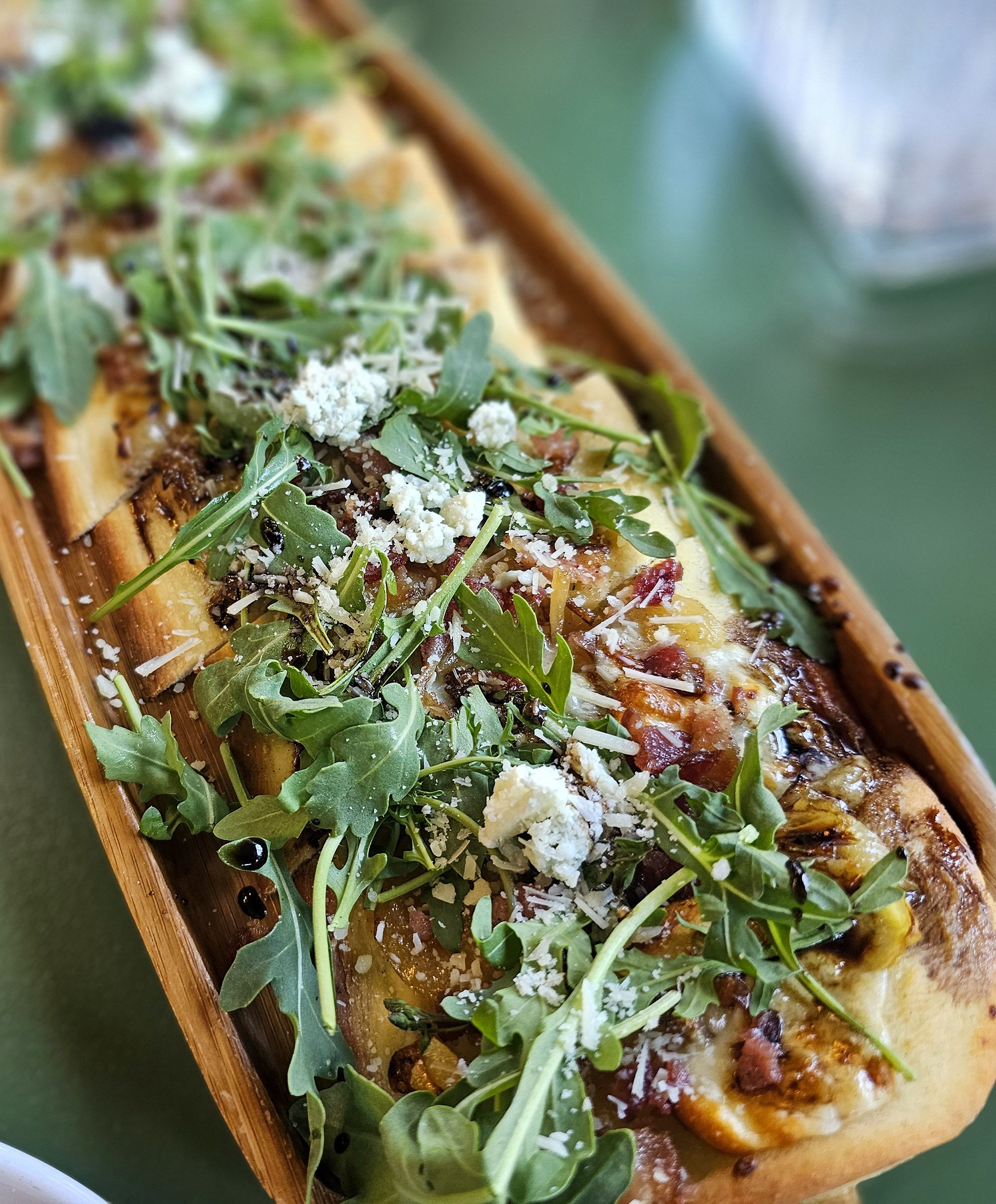 Flatbread with Point Reyes blue cheese, caramelized onions and bacon at Hazel Restaurant in Occidental.