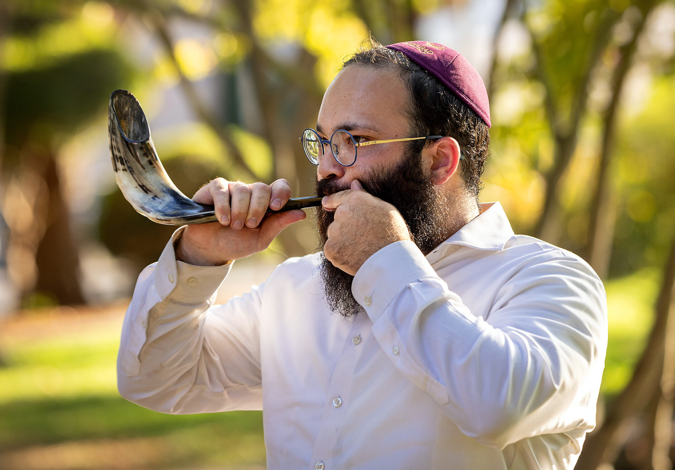 Rabbi Mendy Wegner, leader of the Sonoma Valley Chabad Jewish Center, sounds the shofar, a Rosh Hashanah tradition