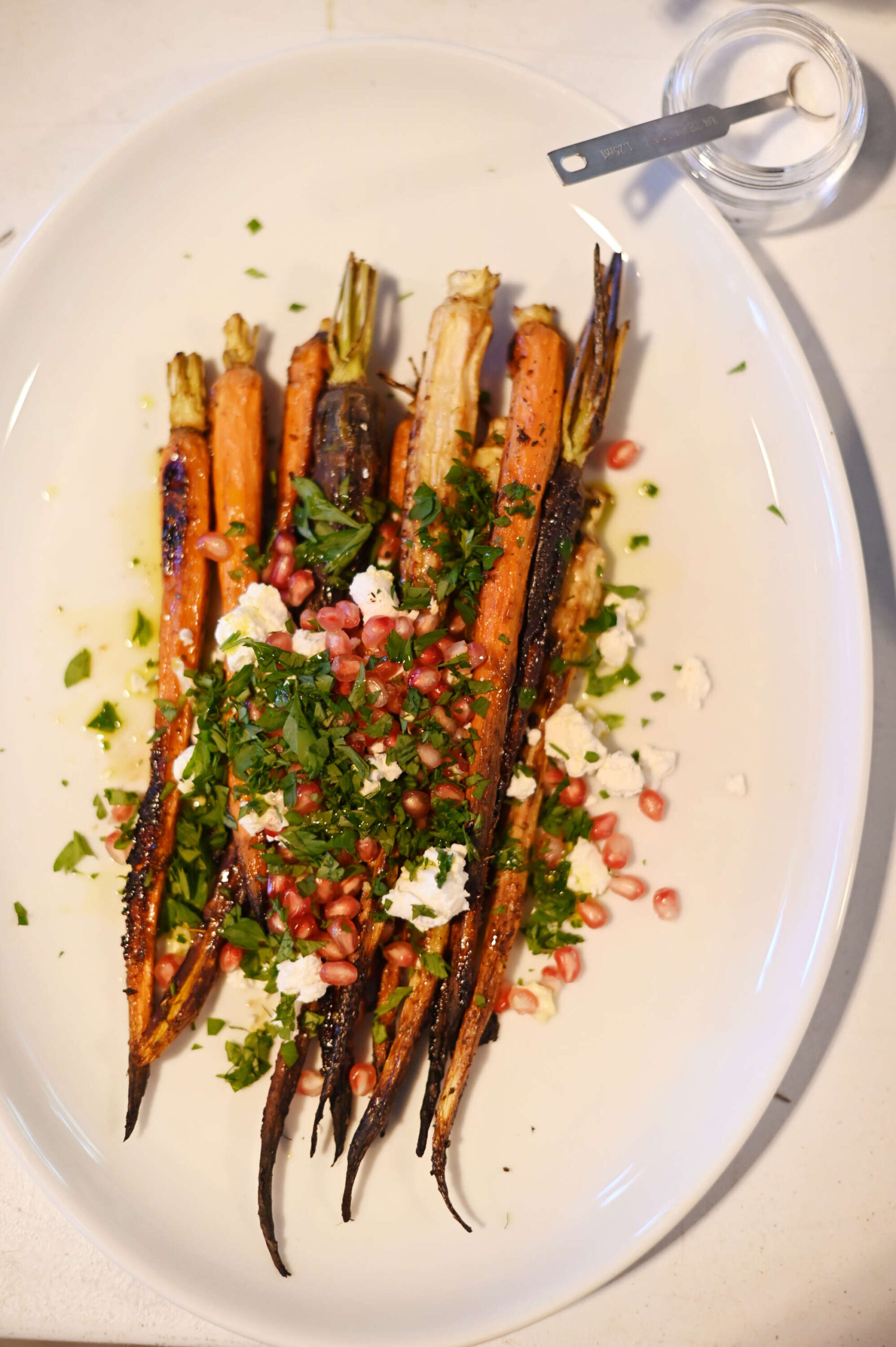 Honey-roasted carrots with goat cheese and pomegranate arils during Barbara Shenson’s Rosh Hashanah recipes cooking class
